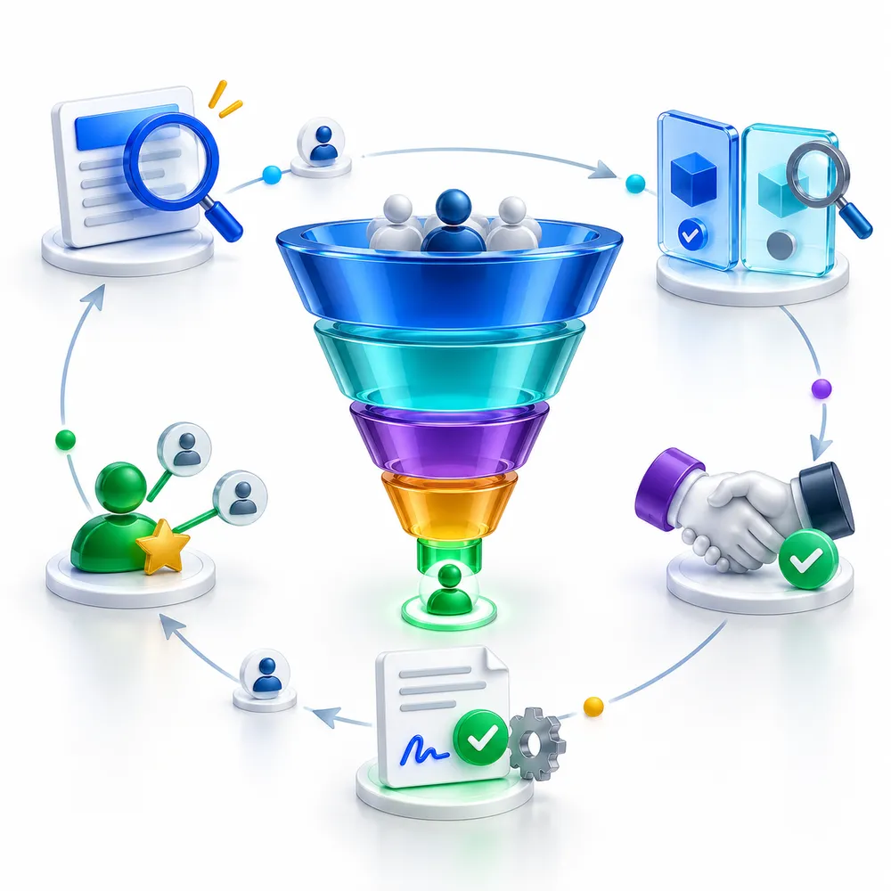 Flujo de Inbound Marketing: contenido, atracción, conversión, cierre y fidelización alrededor de un embudo