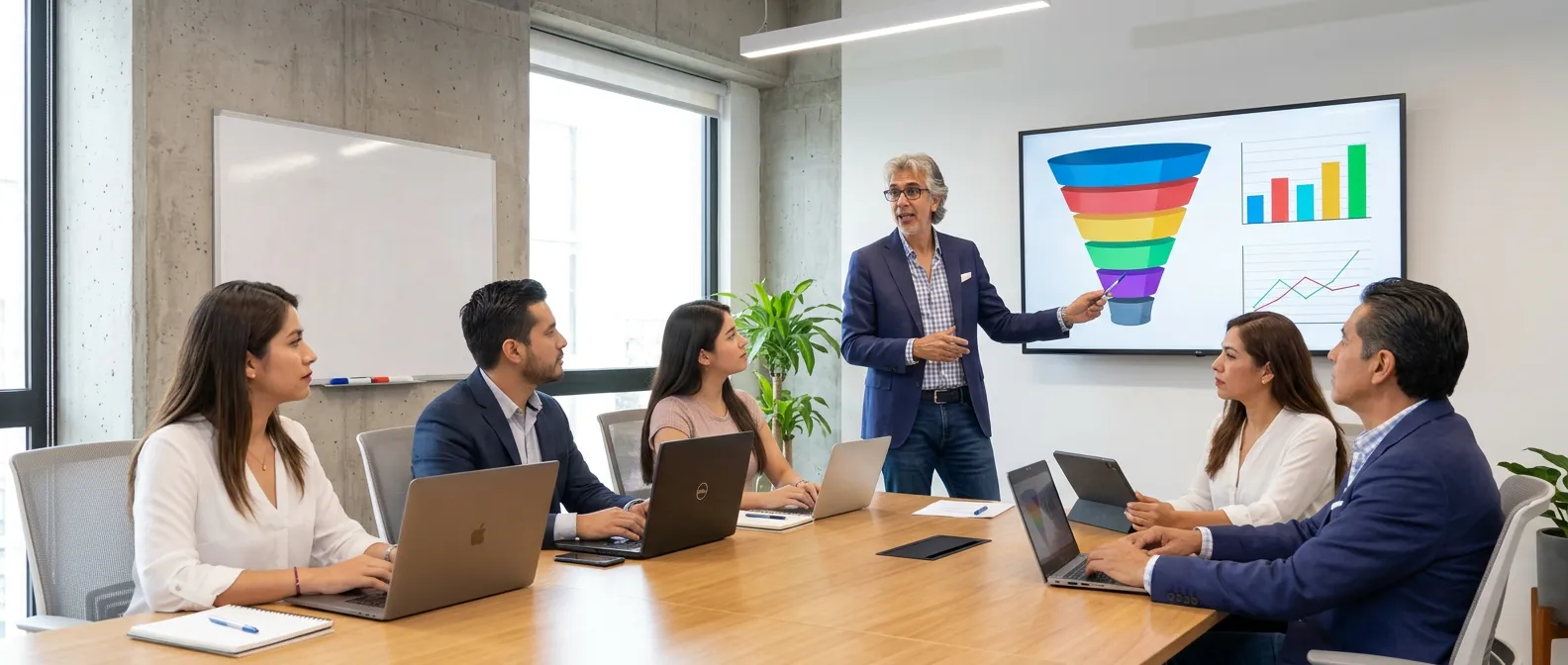 Sesión de estrategia comercial con un equipo de seis personas frente a una pantalla