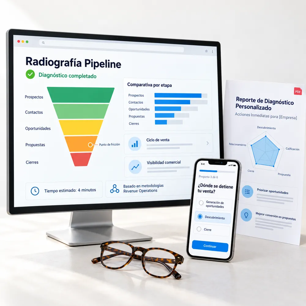 Radiografía de tu Pipeline en un monitor y un teléfono, junto al reporte de diagnóstico personalizado