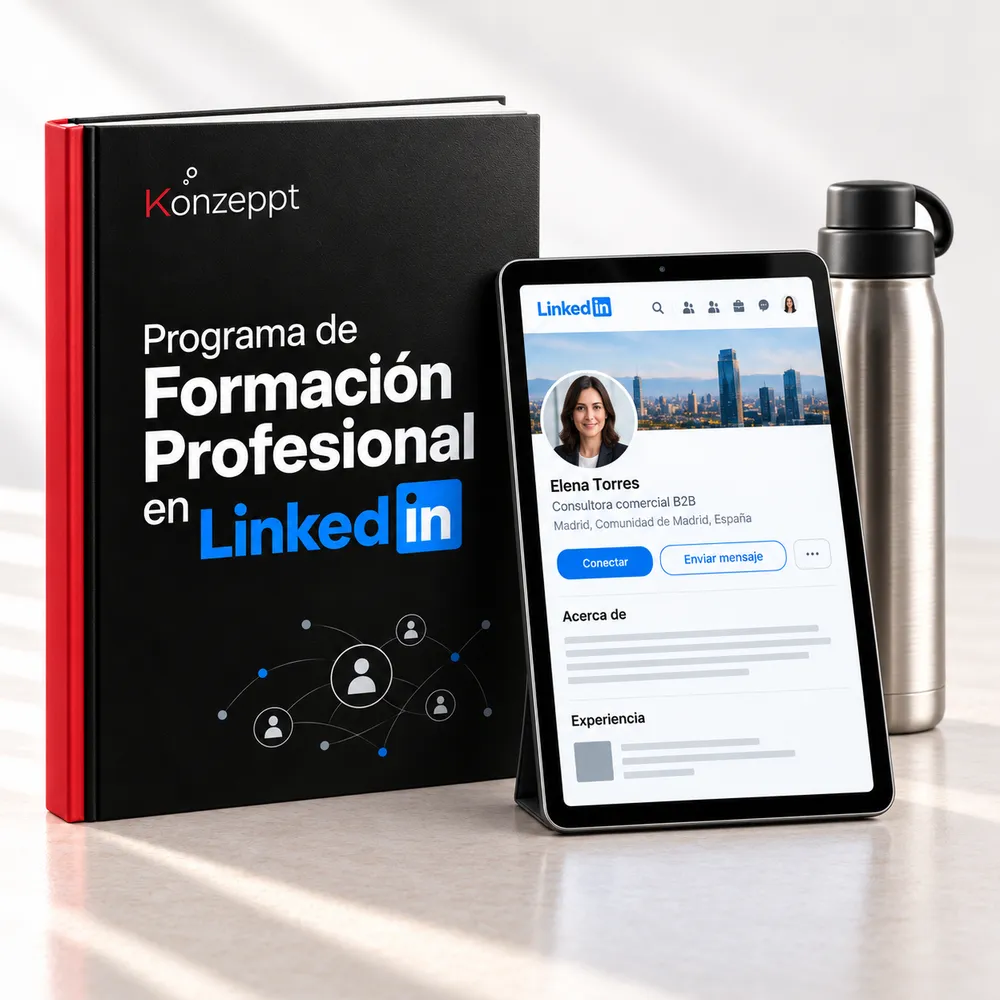 Libro del Programa de Formación Profesional en LinkedIn junto a una tableta con un perfil de LinkedIn y un termo