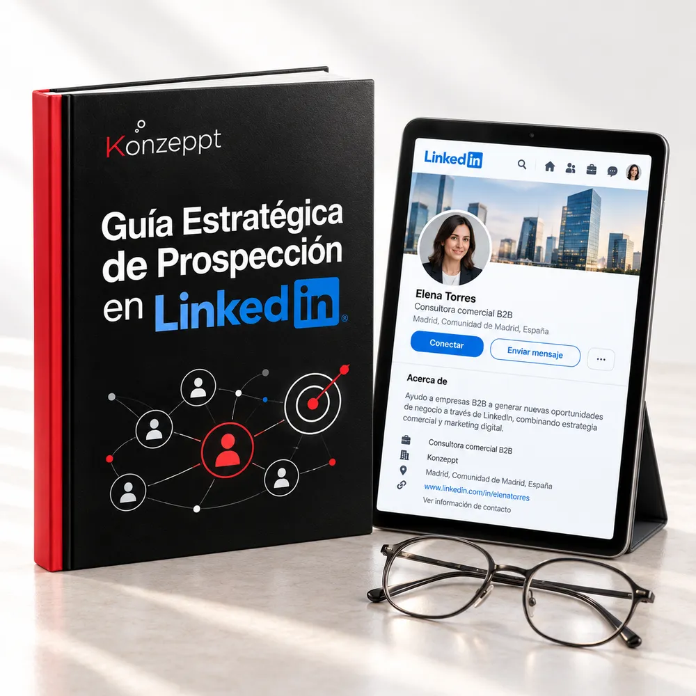 Guía Estratégica de Prospección en LinkedIn de Konzeppt junto a una tableta con un perfil de LinkedIn