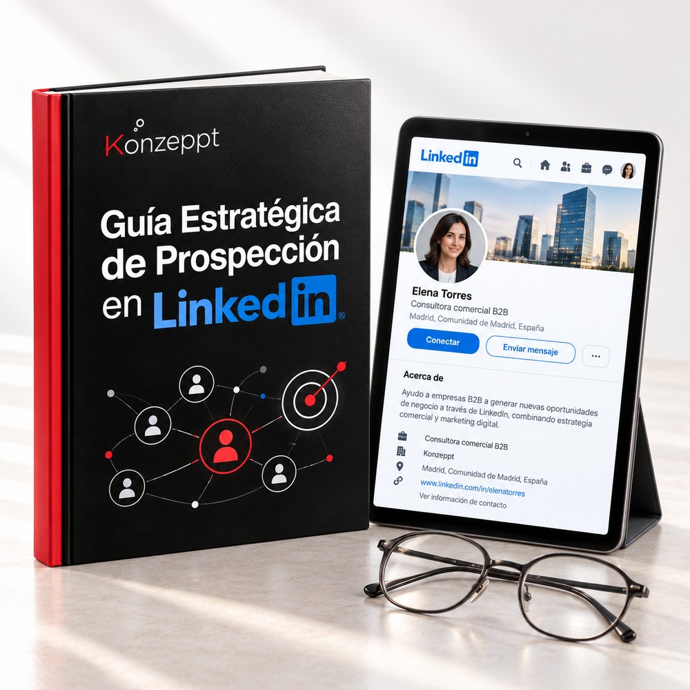 Guía Estratégica de Prospección en LinkedIn de Konzeppt, en documento impreso y pantalla con una búsqueda de Sales Navigator