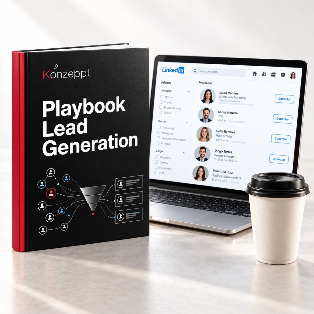 Playbook Lead Generation de Konzeppt, en libro impreso y laptop con una búsqueda profesional en LinkedIn